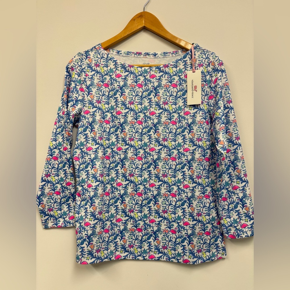 NWT Vineyard Vines Otomi Bimini Blue with Flamingo Women's Blouse - size S